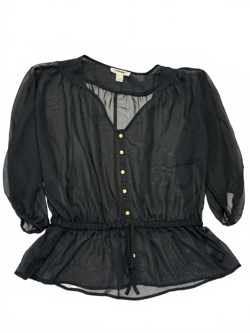 Essentials Black Sheer Mesh Button-Down Blouse - Size Medium